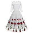 thumbnail image 2 of DeHolifer Dresses for Women 3/4 Sleeves Rose Floral Mesh Dress Vintage Cocktail Tea Party Embroidered Tulle Dress White XL, 2 of 8