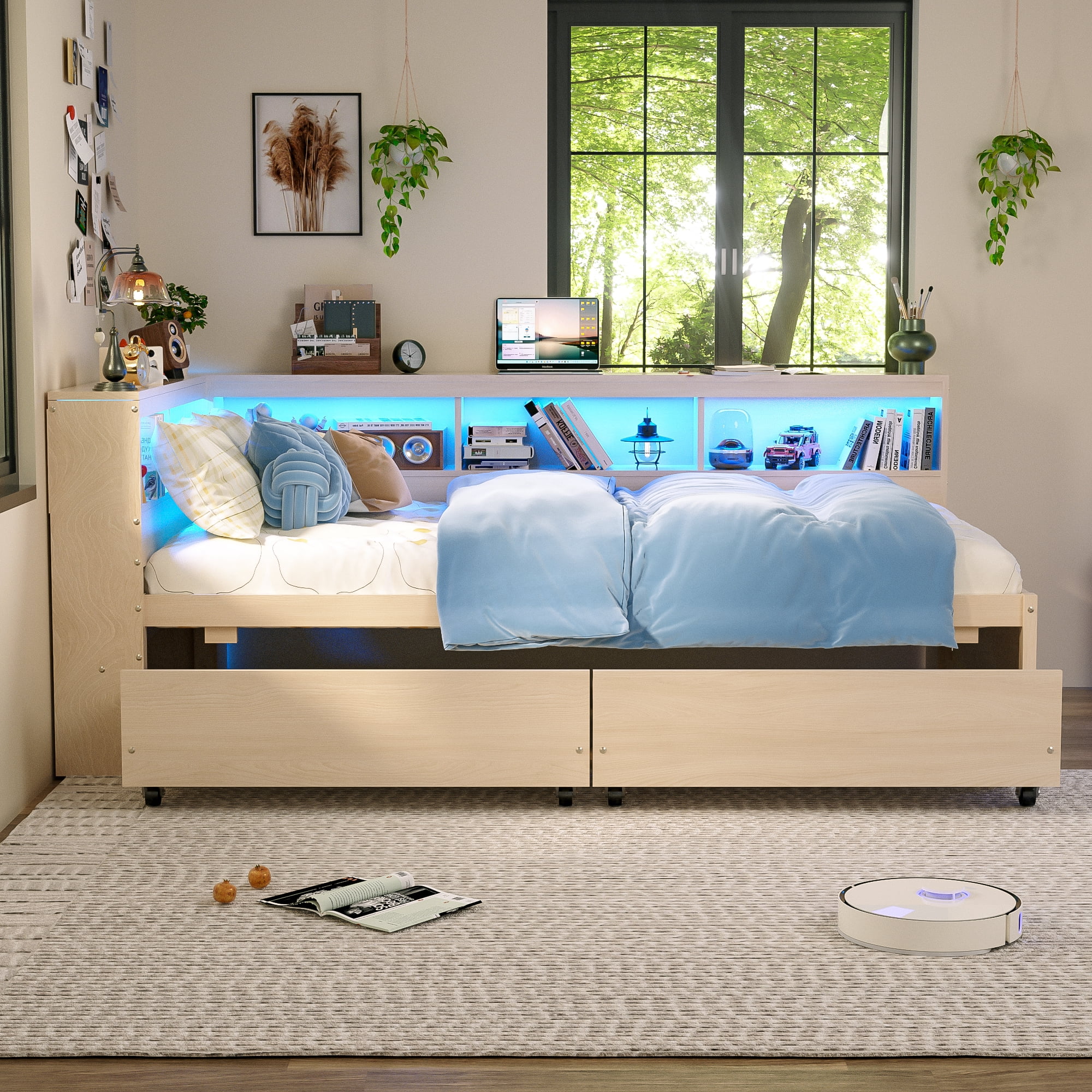 Joywind Twin Corner Bed Frame with Storage Drawers, Bookcase Headboard, Charging Station & LED Lights,Natural