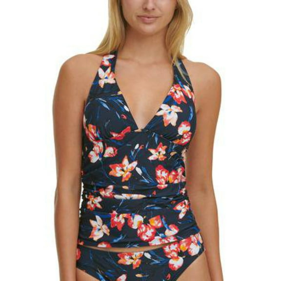 TOMMY HILFIGER Women's Navy Floral Stretch REMOVABLE CUPS Deep V Neck Halter Tankini Swimsuit Top S