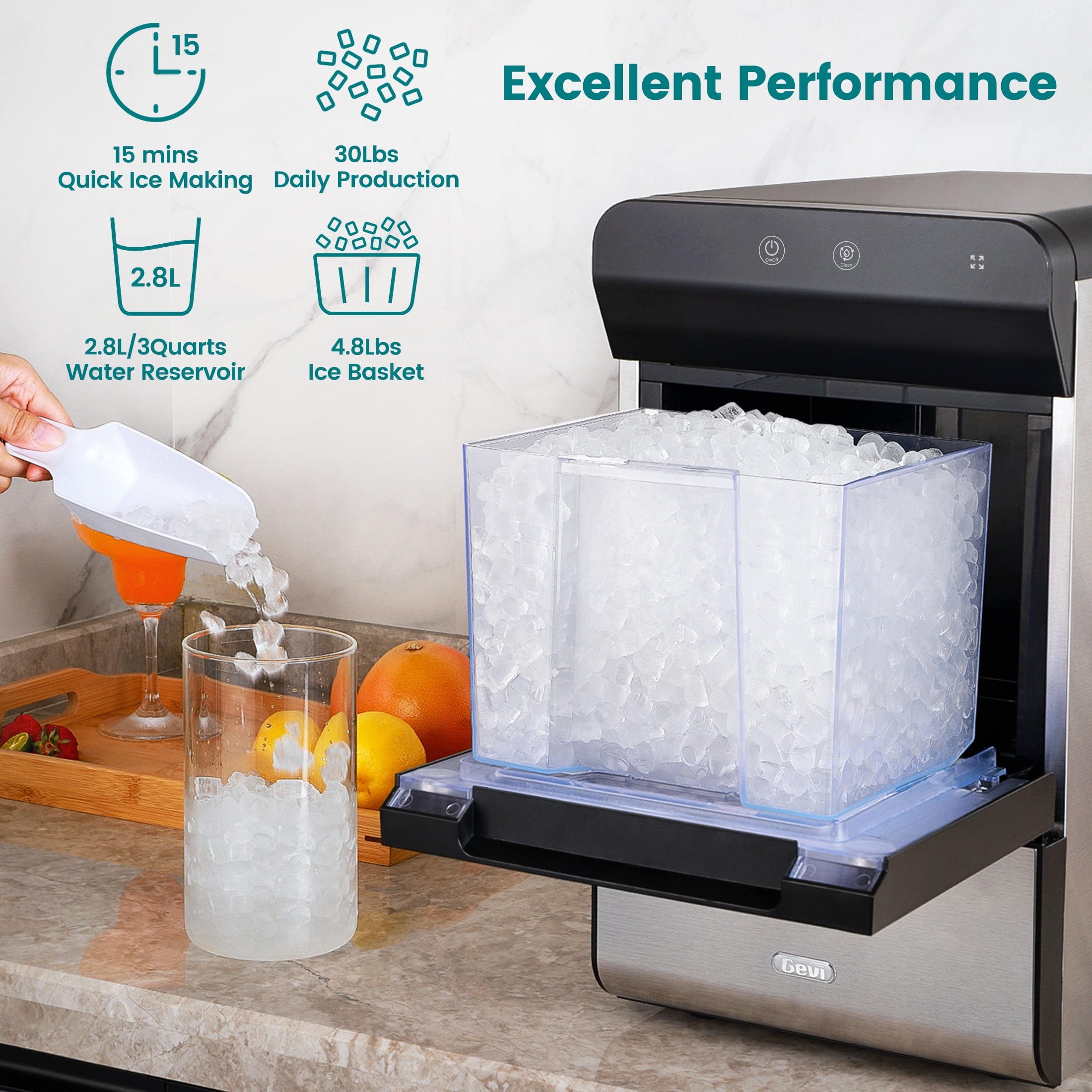 Gevi Household V2.0 Countertop Nugget Ice Maker | Self-Cleaning Pellet Ice  Machine | Open and Pour Water Refill | Stainless Steel Housing | Fit Under