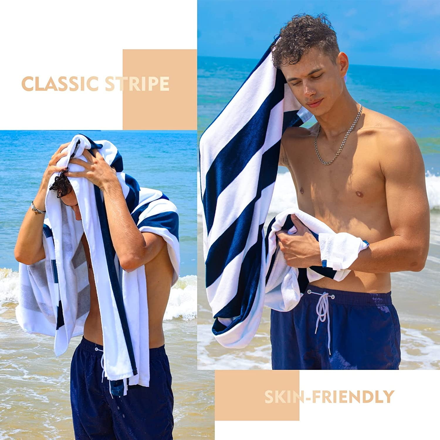 Exclusivo Mezcla 2-Pack Cotton Oversized 35"x70" Cabana Stripe Beach Towels, Super Absorbent Soft Plush Pool Towel, Bath Towel (Dark Navy)