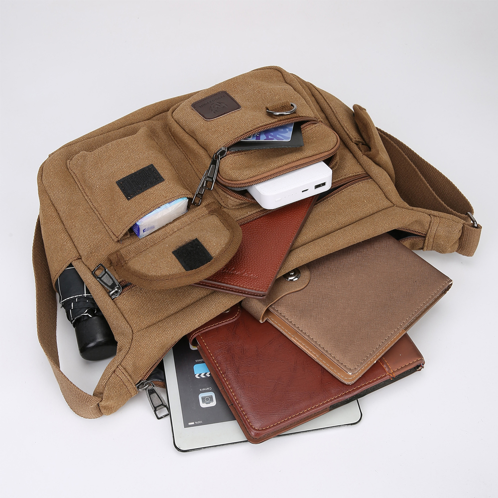 LEBULLBRO Canvas Messenger Bag for Mens Womens Multi-pockets 13 inch Laptop Shoulder Sling Bags School Crossbody Bags Travel Brown