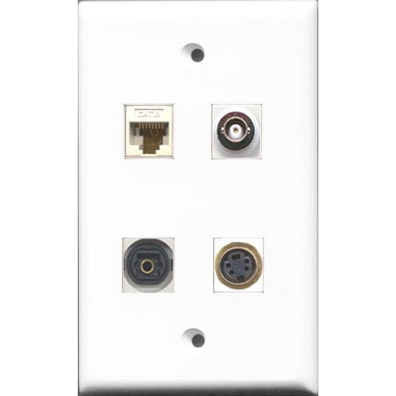 RiteAV 1 Port S-Video and 1 Port Toslink and 1 Port BNC and 1 Port Cat6 Ethernet White Wall Plate