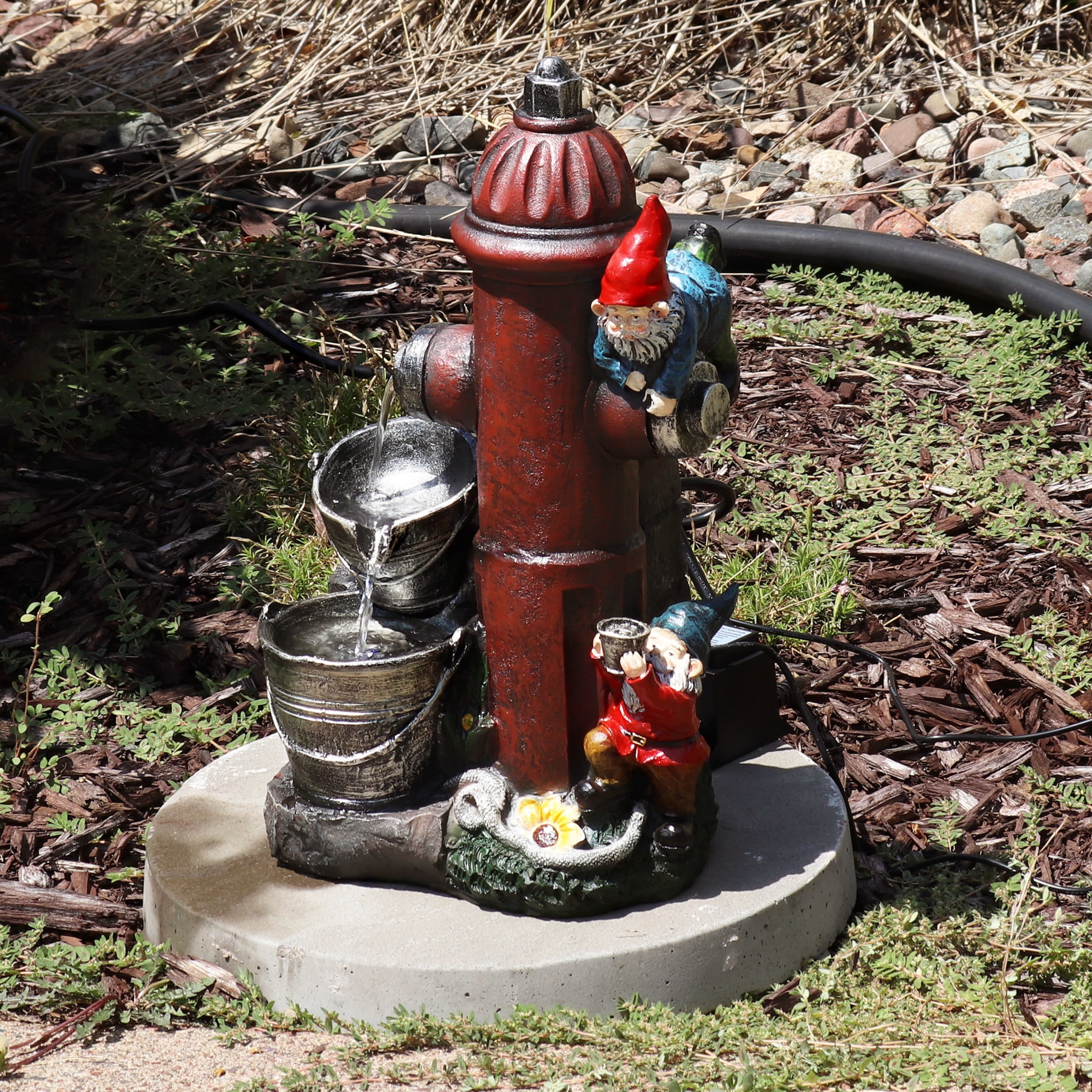 Sunnydaze Fire Hydrant Gnomes Polyresin Outdoor Water Fountain with Lights