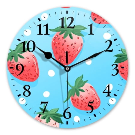 Non-Ticking Silent Wall Clocks Battery Operated Personalized Decor Clock for Bathroom,Office-Cute Cartoon Strawberry Pattern On Blue Background（10inch）