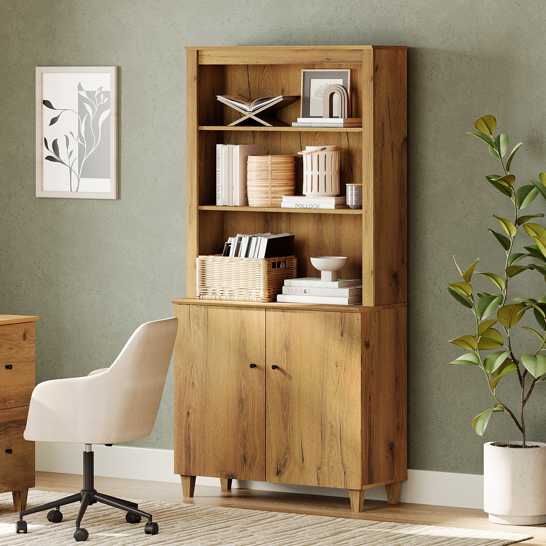 Modern 71" Tall Bookcase with Doors & Storage Cabinet for Home Office,Dark Brown Wood