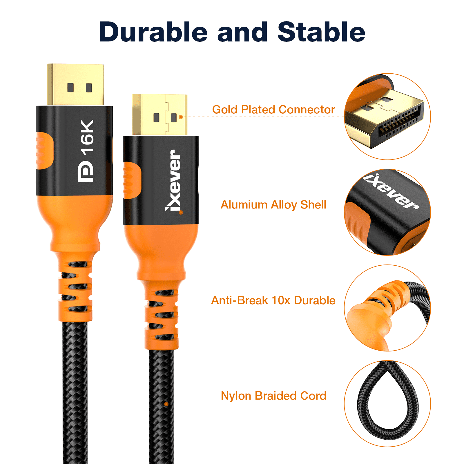 16K DisplayPort Cable 10 ft, iXever DP 2.0 Cord 80Gbps, 16K@60Hz for Gaming Monitor, TV