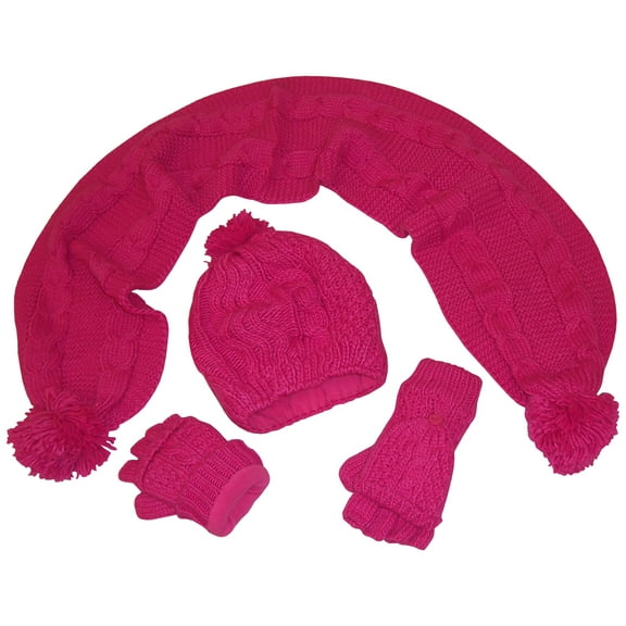 N'Ice Caps Girls Cable Knit 3 Piece Hat Scarf Mitten Winter Set Sherpa Lined - Pink Kids