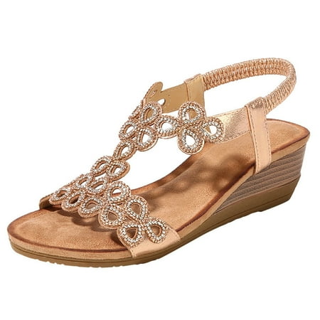 CHOII 50% Clearance Women Fashion Flat Large Size Casual Sandals Beach Shoes Women Sandals Rhinestone Platform Thong Sandals Ankle Strap Sandals Comfort Sandals Champagne/6.5