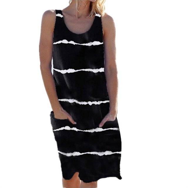 Nouveau Col Rond Imprimé Femmes Robe de Poche à Rayures Robes Décontractées