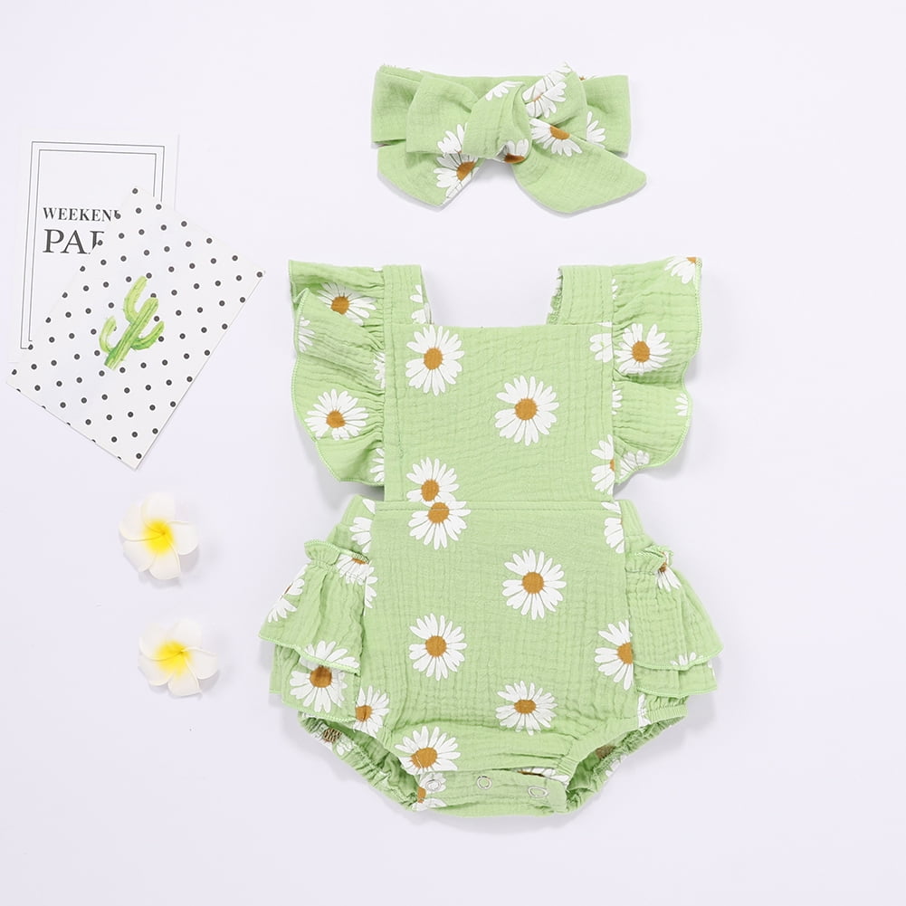 Infant Baby Floral Printed Sleeveless Romper Bodysuit Bowtie Headband Outfit