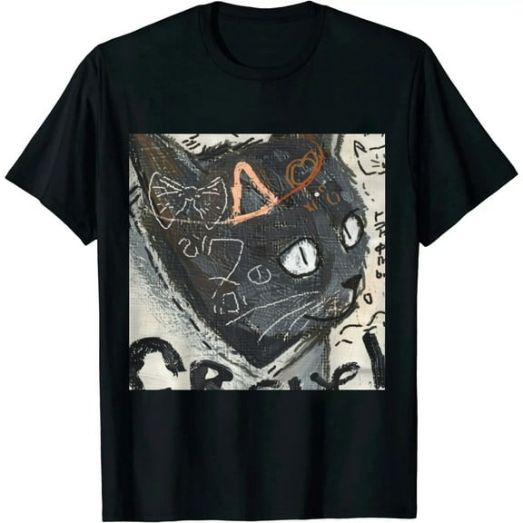 Qinduosi Womens Vintage Graphic Tee Shirt Cat Print Short Sleeve Loose Tunic Tops Oversized Shirts Black