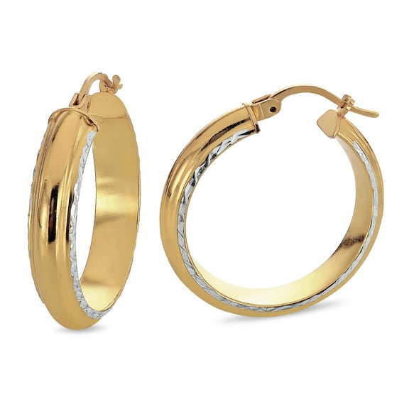 18K Gold Over Sterling Silver and Silver Diamond Cut Hoop Earrings