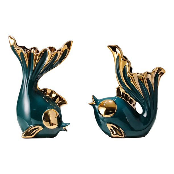 2 estatuas de peces, exquisitas artesanías paisajísticas, macetas decorativas, esculturas de peces. verde