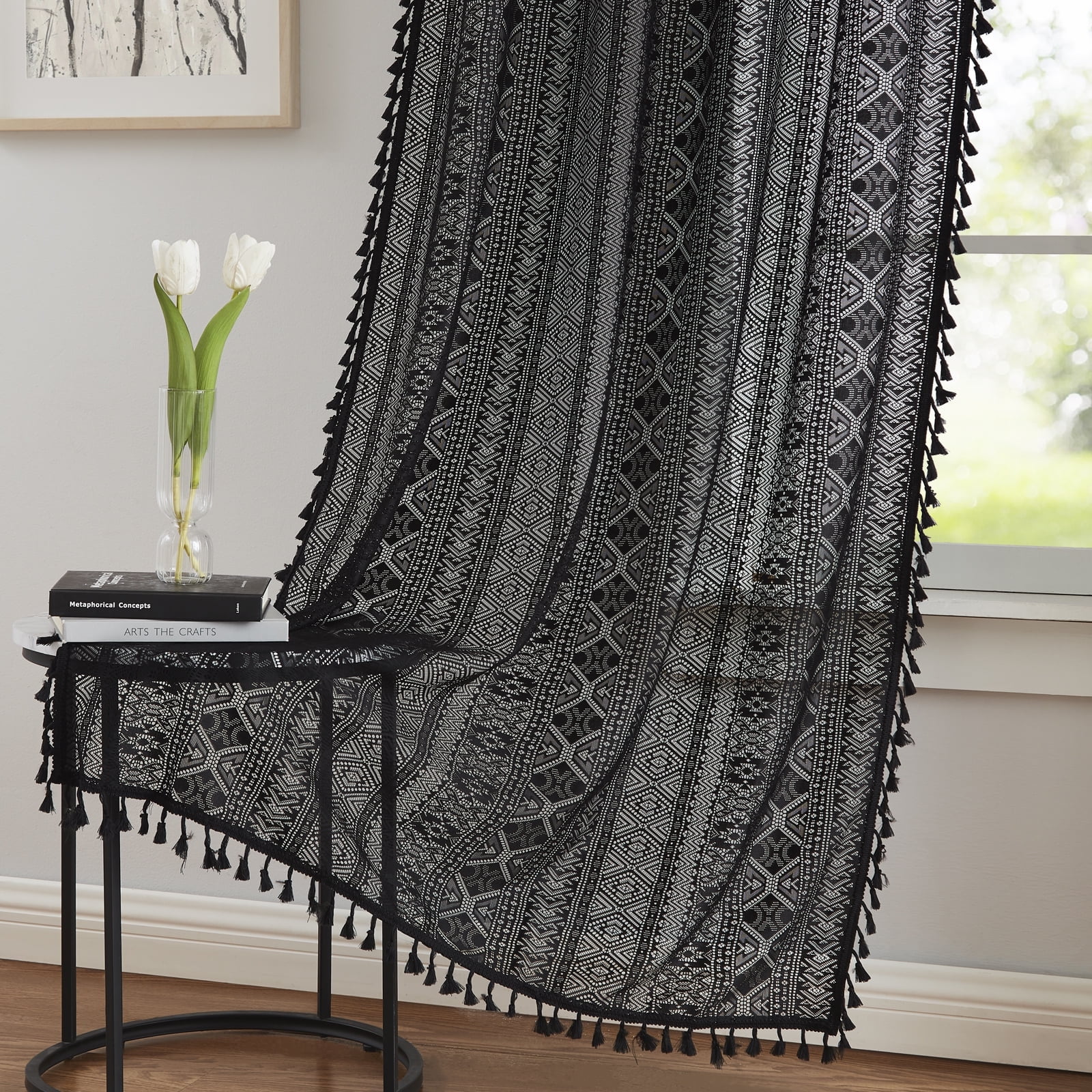 Bohogeo Black Linen Textured Tassel Sheer Lace Curtain Panels, Chic Crochet Geometry Knitting Rod Pocket Window Drapes for Living Room Bedroom, 2 Panels,63" L x 40" W