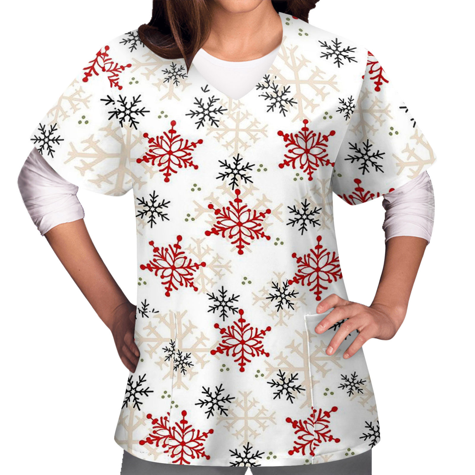 Christmas Scrubs Tops for Women Plus Size Short Sleeve V Neck Snowflake Printed Nursing Uniform