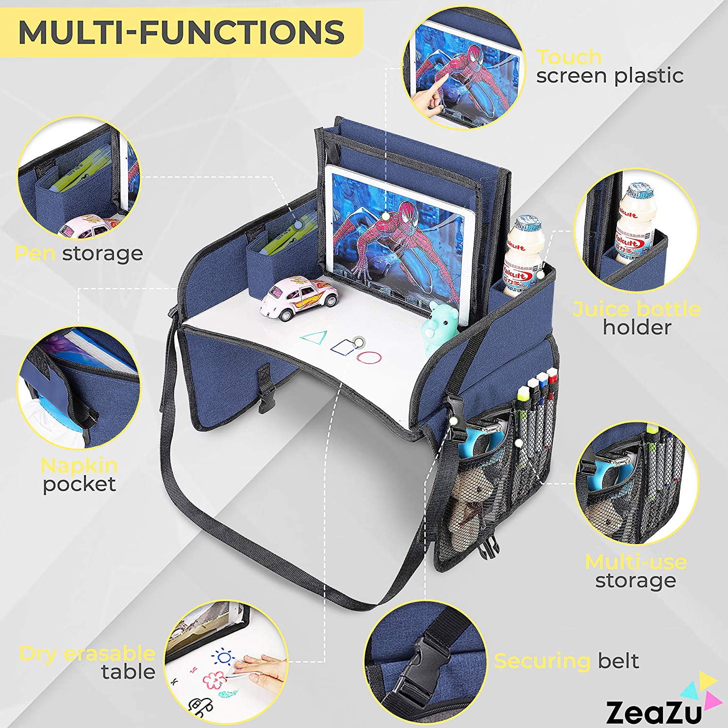 Kids Travel Tray with Bag - Toddler Car Seat Tray, Foldable Lap Travel Table Desk with iPad Holder, Drawing Board, Storage Pocket Organizer for Child Road Trip, Car Stroller, Airplane - Pink