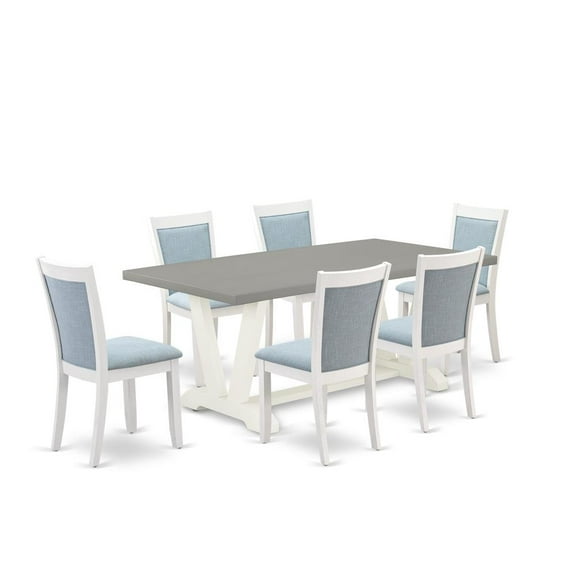 East West Furniture V-Style 7-Piece Wood Dining Set in White/Blue/Cement