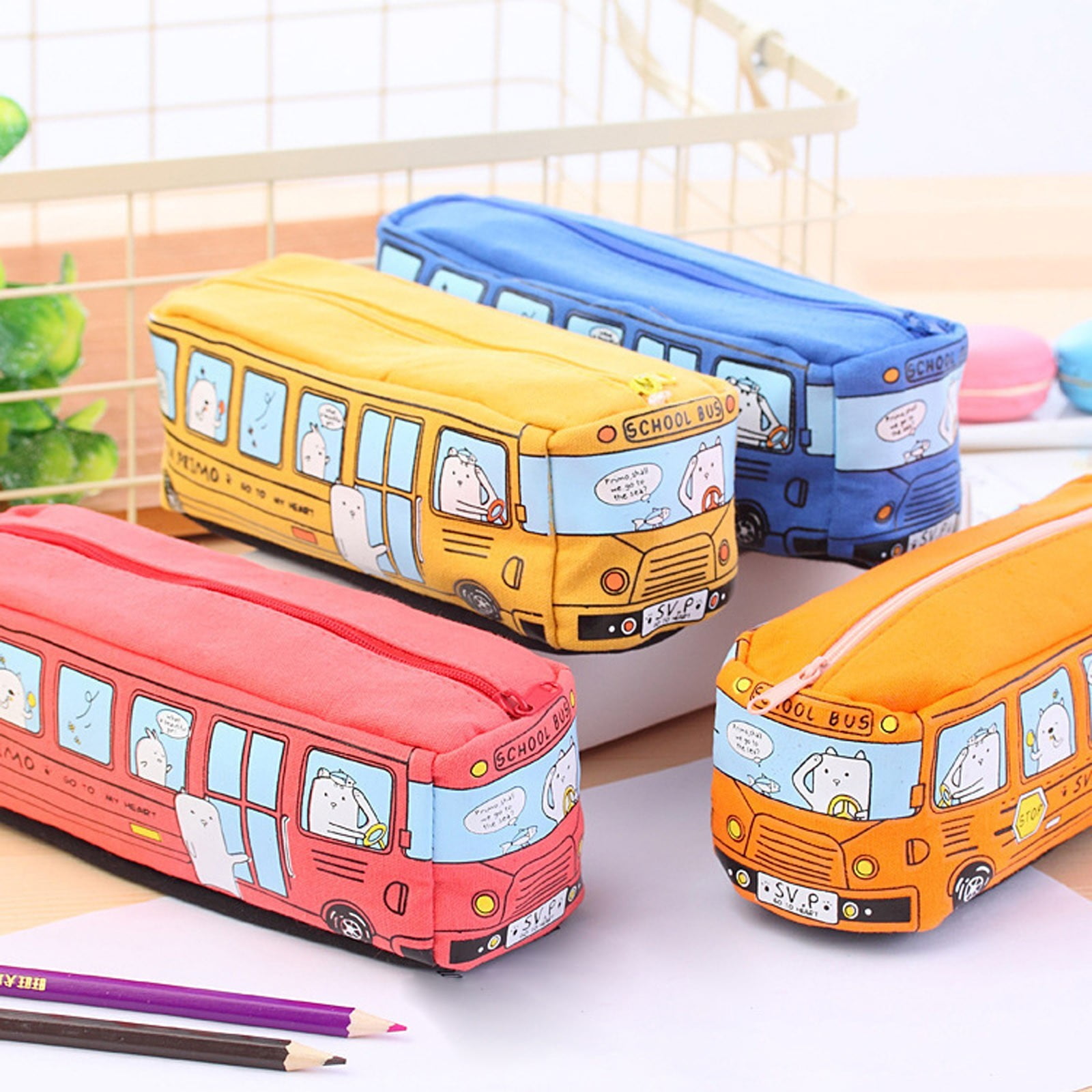 2*Stationery Bag) Student Stationery Small Animal Bus 2*Stationery Bag) Student Stationery Small Animal Bus