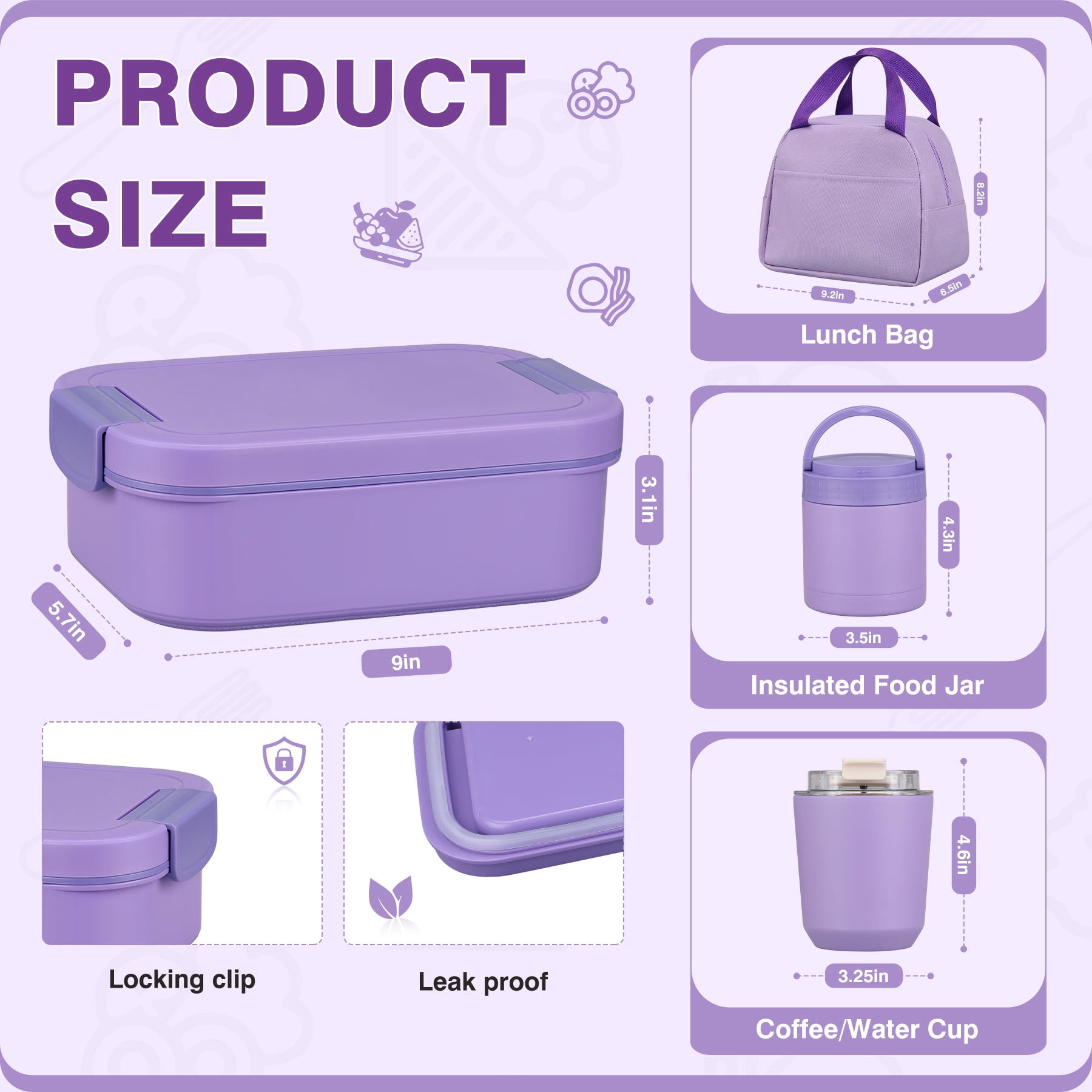 Bento Lunch Box Set with 10.5oz Soup Thermo for Adults Kids, Leak-proof Food Jar Lunch Container with 4 Compartment, Stainless Steel Coffee Tumbler with Lunch Bag for School Travel Office Purple