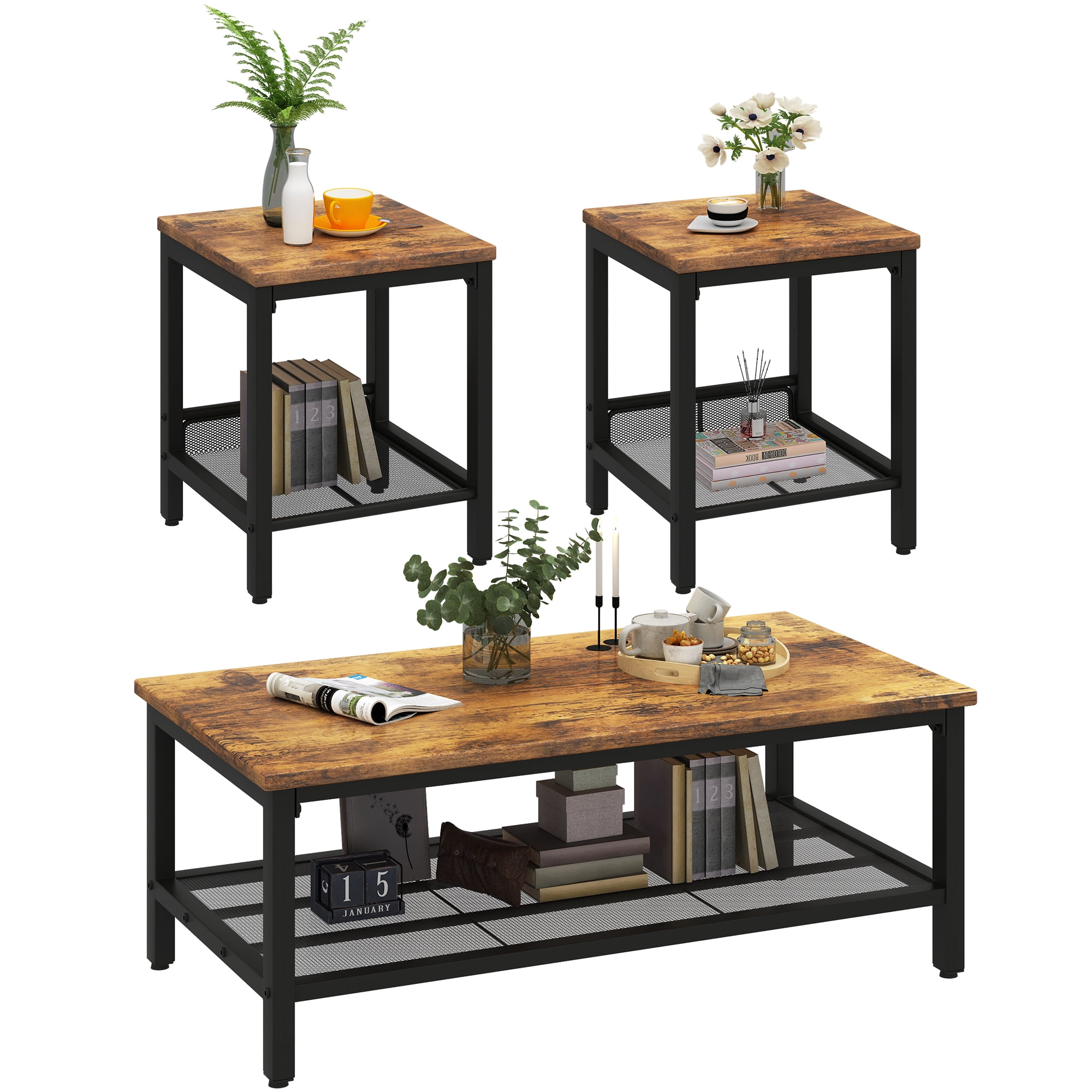 MIERES Living Room Coffee Table Set, Coffee Table and Side Table Combination, Metal Frame Coffee Table Set, Suitable for Living Rooms, Apartments, Offices, Vintage Brown