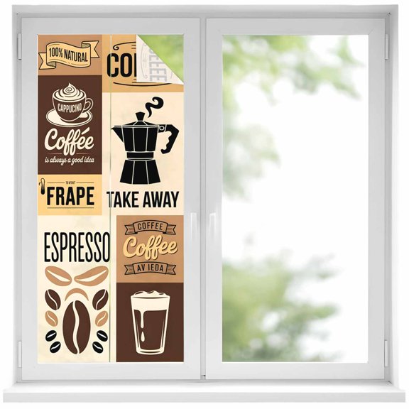Vintage Coffee Window Privacy Film, Farmhouse Retro Art Coffee Beans Static Cling UV Sun Blocking Heat Control Window Tint Day and Night, Non-Adhesive One Way Windows Privacy Cover 17.7''x39.3''