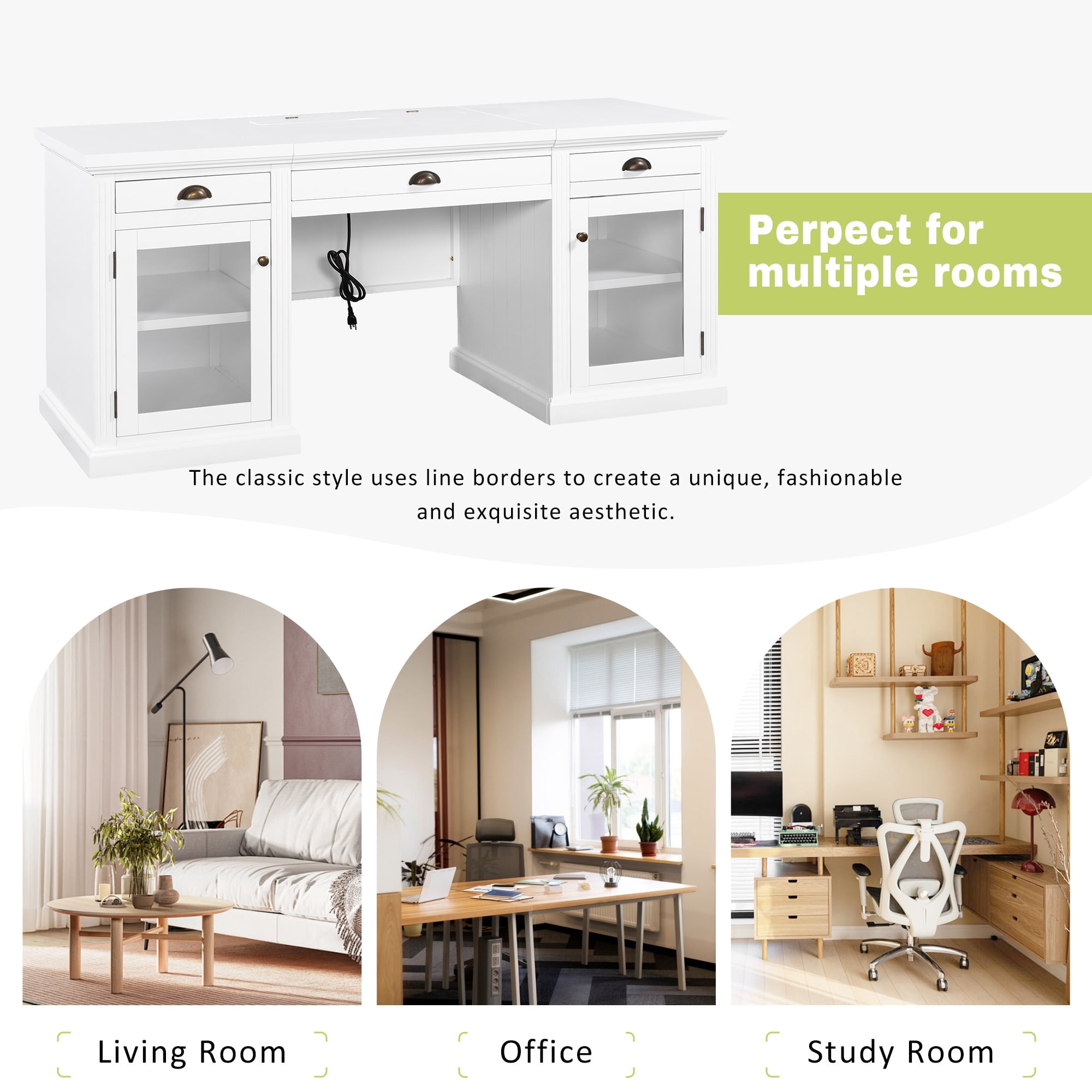 DTTRA 67" Modern Executive Desk with 3 Drawers & 2 Cabinets, Built-in Outlets, White