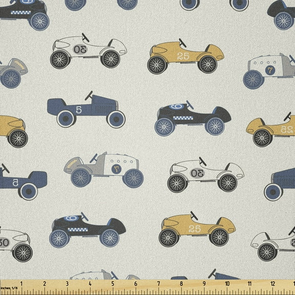 Ambesonne Cars Fabric by the Yard Microfiber, Vintage Race Automobiles, 10 Yards, Ivory Slate Blue Mustard
