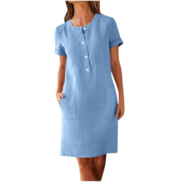 Bouton Bleu Royal pour Femmes Automne Été Manches Courtes Col Rond Faux Lin Midi Longueur Genou Robe Unie Femmes 2025 Vêtements Y2K m