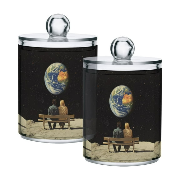 Yayeee 2 Pack Qtip Holder Bathroom Cotton Swab Canister with Lid Clear Dispenser Set, Sitting on The Moon