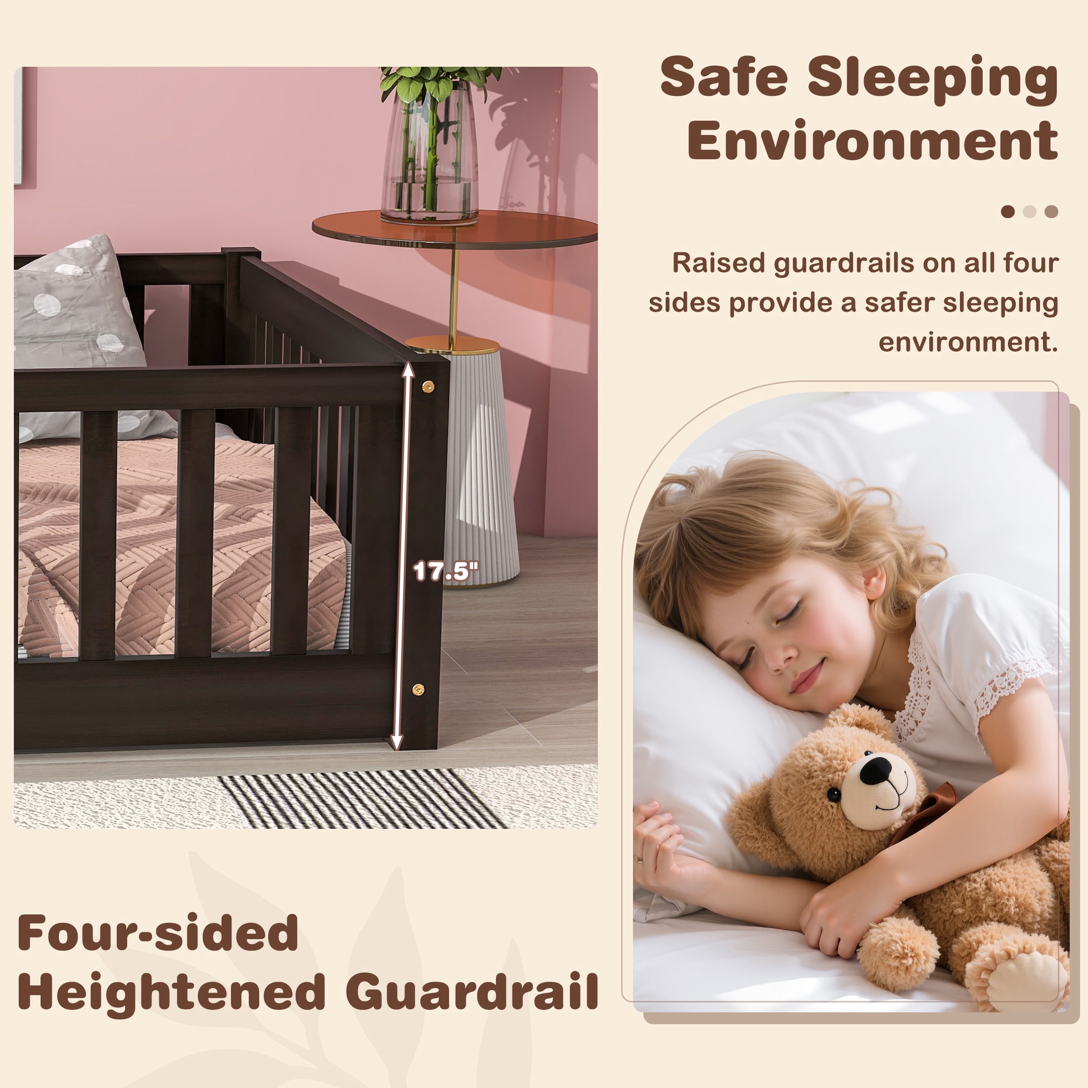 PORKISS Twin Toddler Bed with Guardrails, Low Profile Floor Bed Frame with Open Entry, Wood Montessori Bed with 7 Slats for Kids, No Box Spring Needed, Espresso