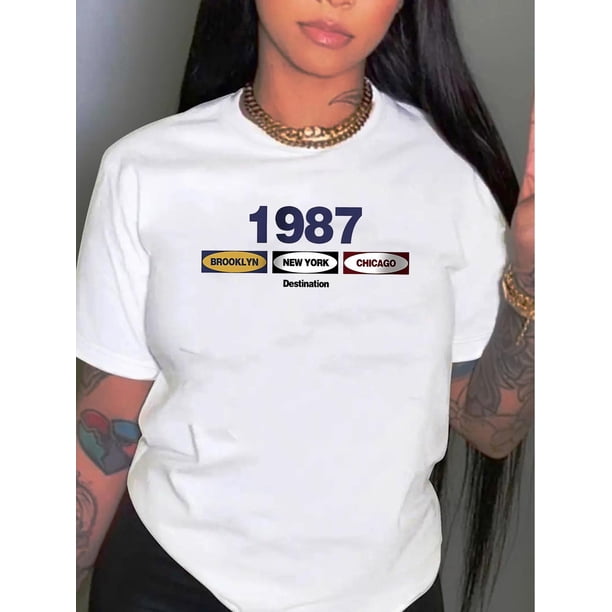 Camiseta De Mujer Camisetas Femeninas Verano Estampado De Ropa Casual Con Cuello RedondoWomen'S Casual Sportswear T-Shirt with Letter Pattern, Round Neck, Medium Stretch Polyester for Casual Wear, A