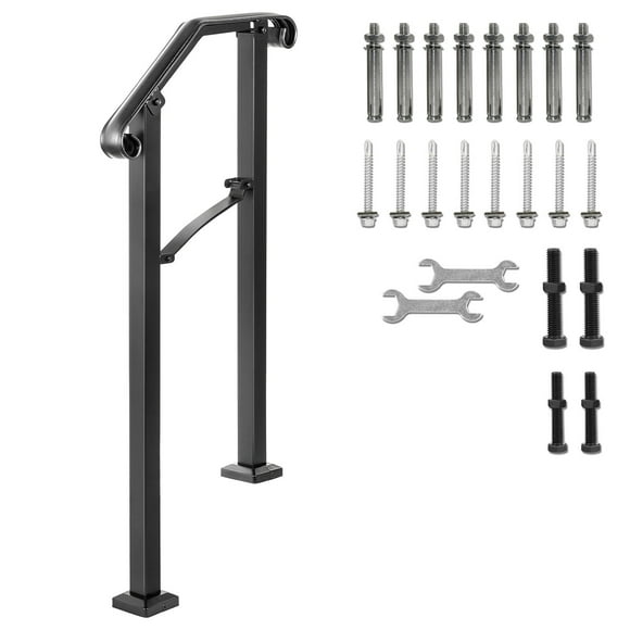 KFFKFF Outdoor Step Handrails, Suitable for 1 or 2 Steps, Arch#1 Forged Iron Handrail, Adaptable Deck Railing, Black Transitional Handrails for Cement Steps or Timber Staircases