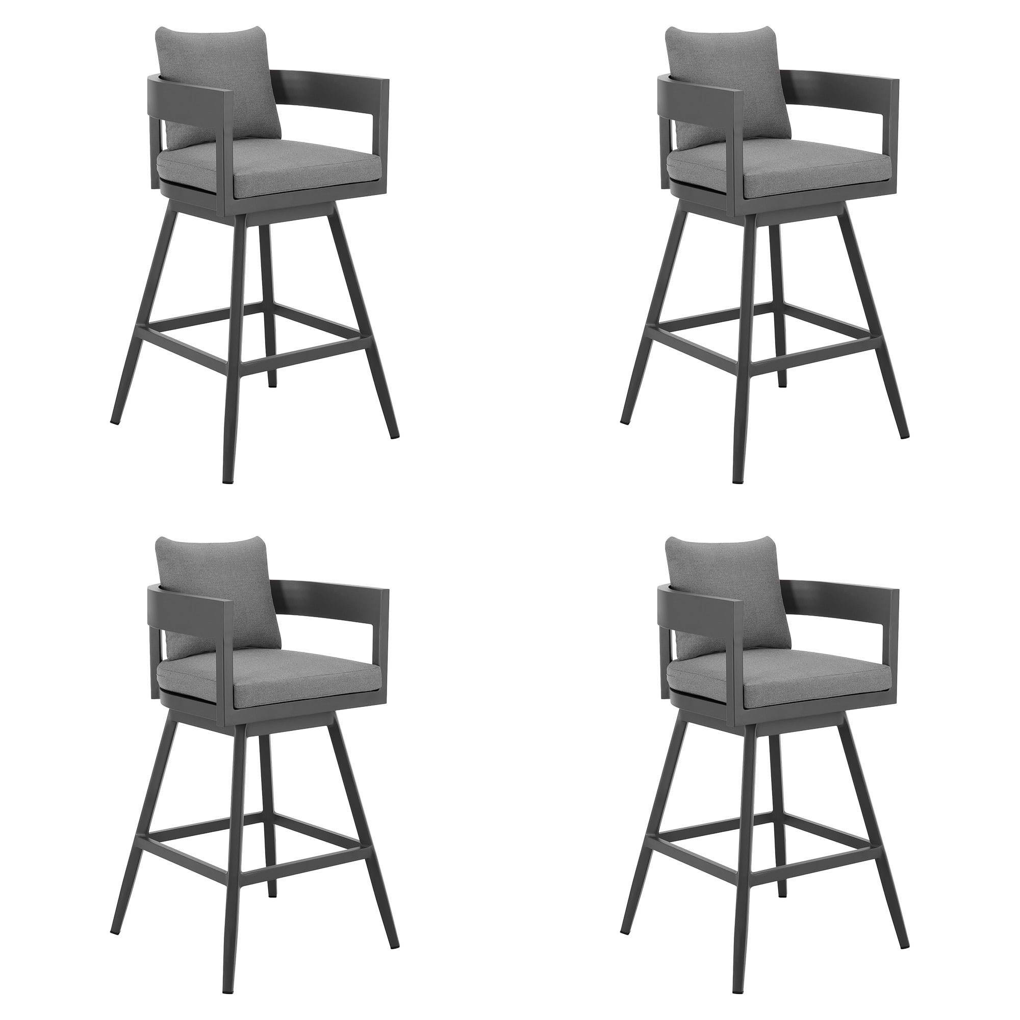 Menorca Outdoor Patio Swivel Bar Stool in Aluminum with Gray Cushions - Set of 4