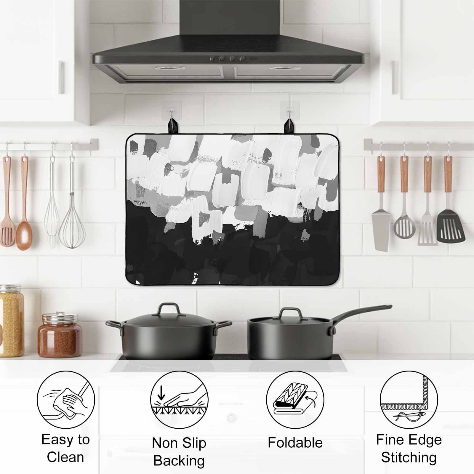 Black White Stove Top Cover for Electric Stove, Heat-proof & Non Slip Glass Top Stove Cover Protector, Abstract Graffiti Paint Country Retro Tribal Kitchen Flat Cooktop Rubber Mat 24x21 Inches