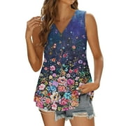 BYOIMUD Clothing Clearance 2022 Summer Flower Printed Tank Tops for Women, Womens Leisure Peplum Tunic Shirts V Neck Button Down Dressy Top Black