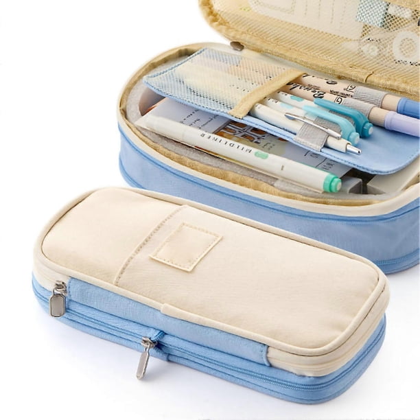 Stationery Bag Large Capacity Students Macaron Color Matching Canvas Pencil Bag Stationery Box Light Blue Beige