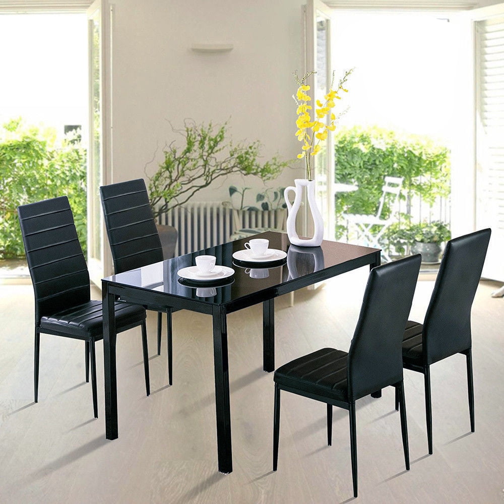 Zimtown Dining Set Glass Top Table With 4 Leather Chairs Kitchen Breakfast Furniture Black