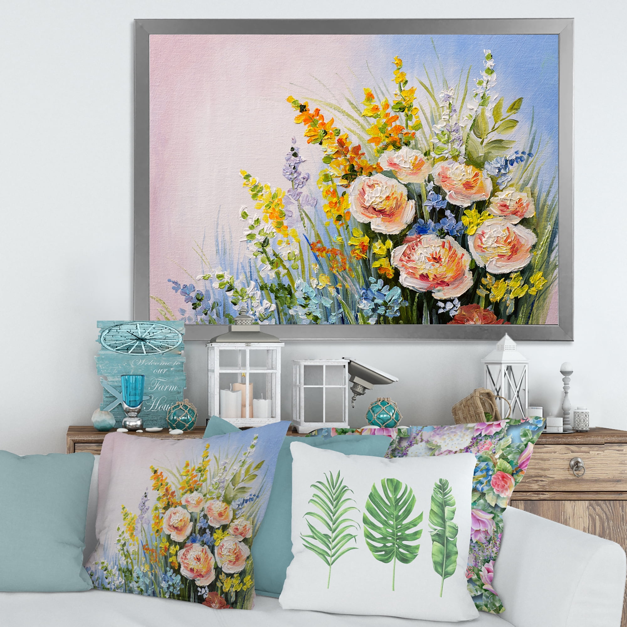 Designart 'Yellow and Pink Summer Wildflowers' Traditional Framed Art Print