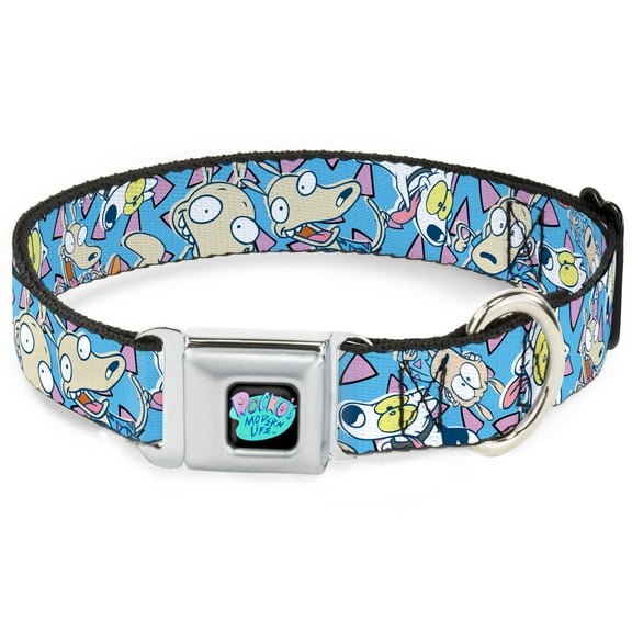 Nickelodeon Pet Collar, Dog Collar Metal Seatbelt Buckle, Rocko Spunky Scattered Expressions Triangles Blue Lavender, 15 to 24 Inches 1.0 Inch Wide
