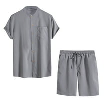 YLSDY Men's 2 Pieces Set Stand Collar Button Down Shirt and Drawstring Shorts Summer Beach Yoga Matching Outfits Gray 4