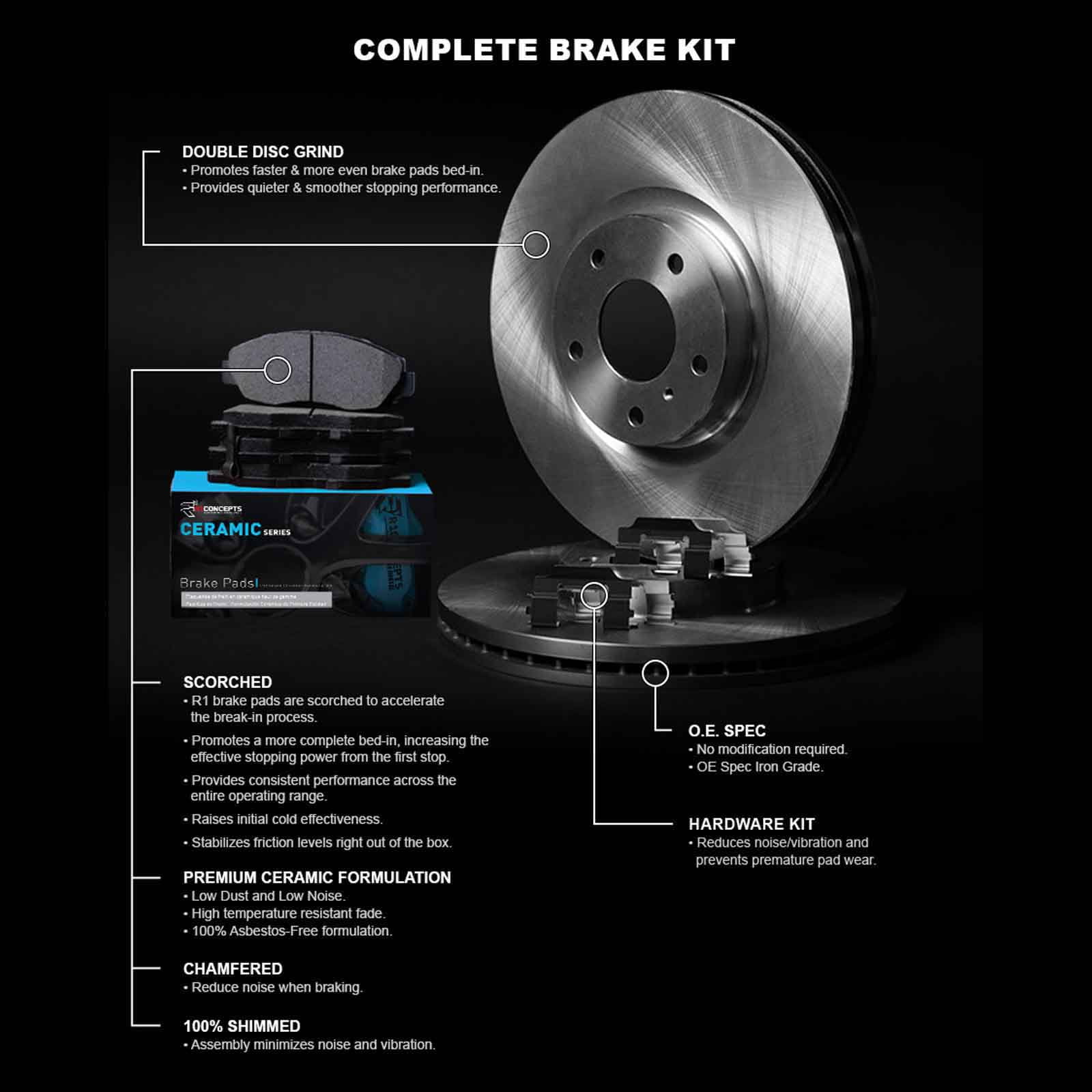 R1 Concepts Front Brakes and Rotors Kit |Front Brake Pads| Brake Rotors and Pads| Ceramic Brake Pads and Rotors |Hardware Kit WFWH1-54205