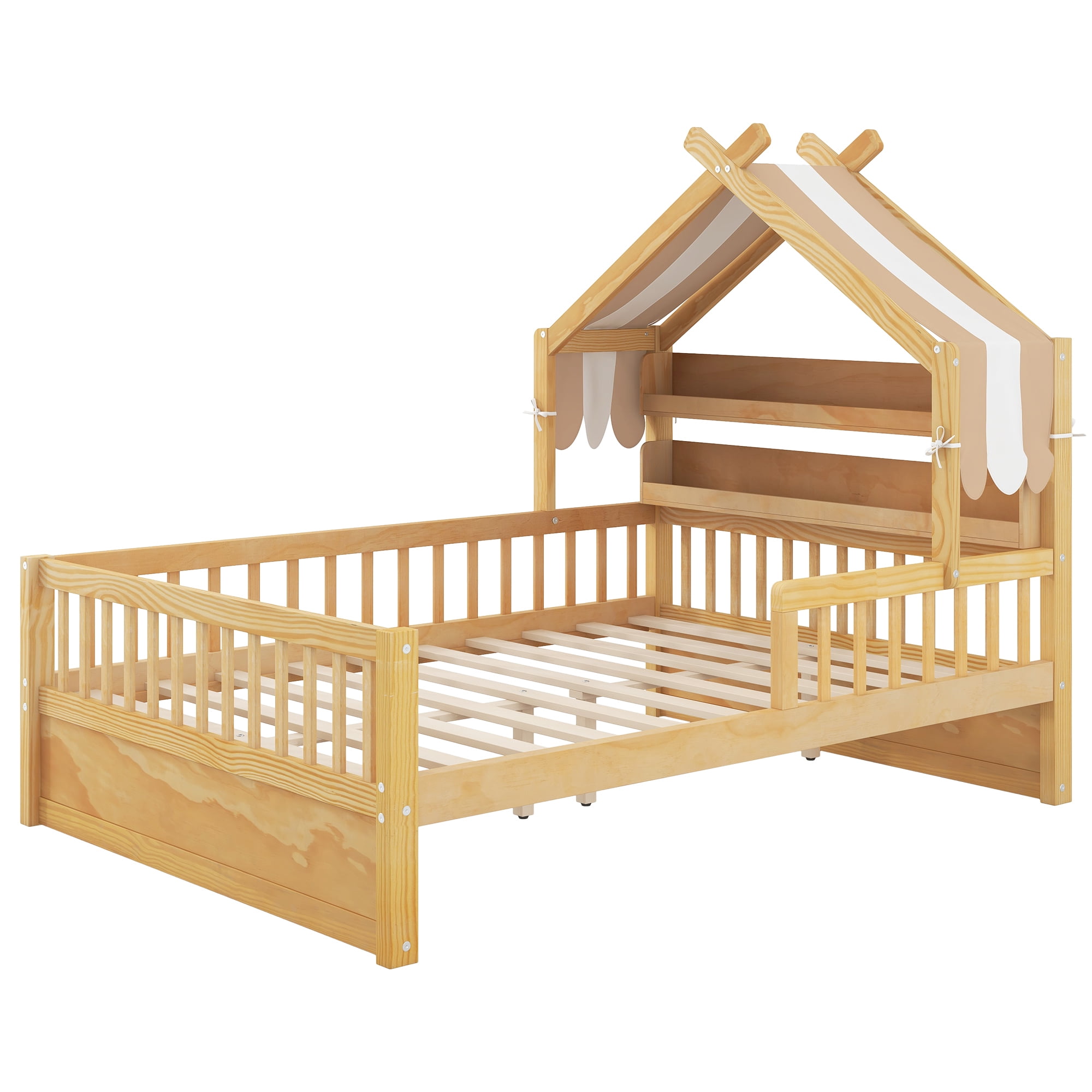 Euroco Wood Full Size Platform Bed with Storage Headboard and Canopy, Natural