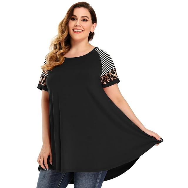 LARACE Plus Size Tunic Tops for Women Pleated Flowy Short Sleeve Shirts Black 5X