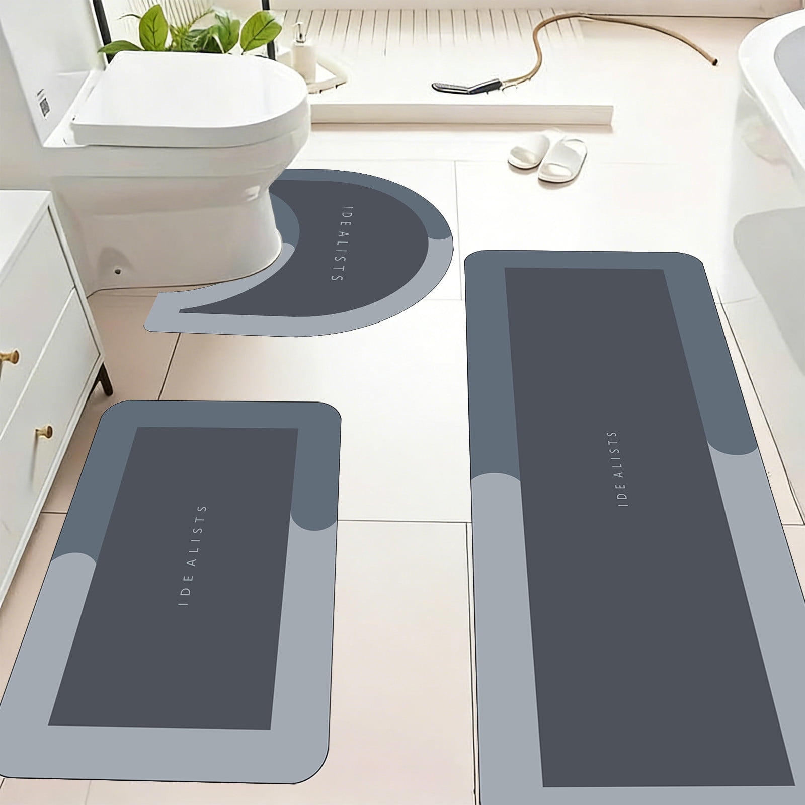 AuroraX Stone Bathroom Rug Set 3 Piece with Blue Absorbent Non Slip Rubber-Backed Diatomaceous Earth Bath Mat Long Rug Runner U-Shaped Toilet Rug Quick Dry Washable Bath Rug Set for Shower,Home Decor