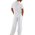 thumbnail image 3 of Ohufall 2 Piece Outfits for Men Linen Elastic Waist Drawstring Trousers and Spring Summer Button Hooded Casual Top Beach Set with Pocket, 3 of 7