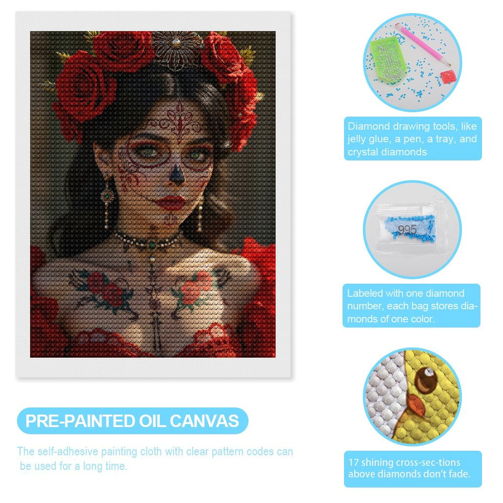 Diamond Art Kits for Adults, Red Roses Face Art Beauty Dress 5D Diamond Painting Kits for Adults Beginners, DIY Full Drill Diamond Painting, Gem Art and Crafts 12x16