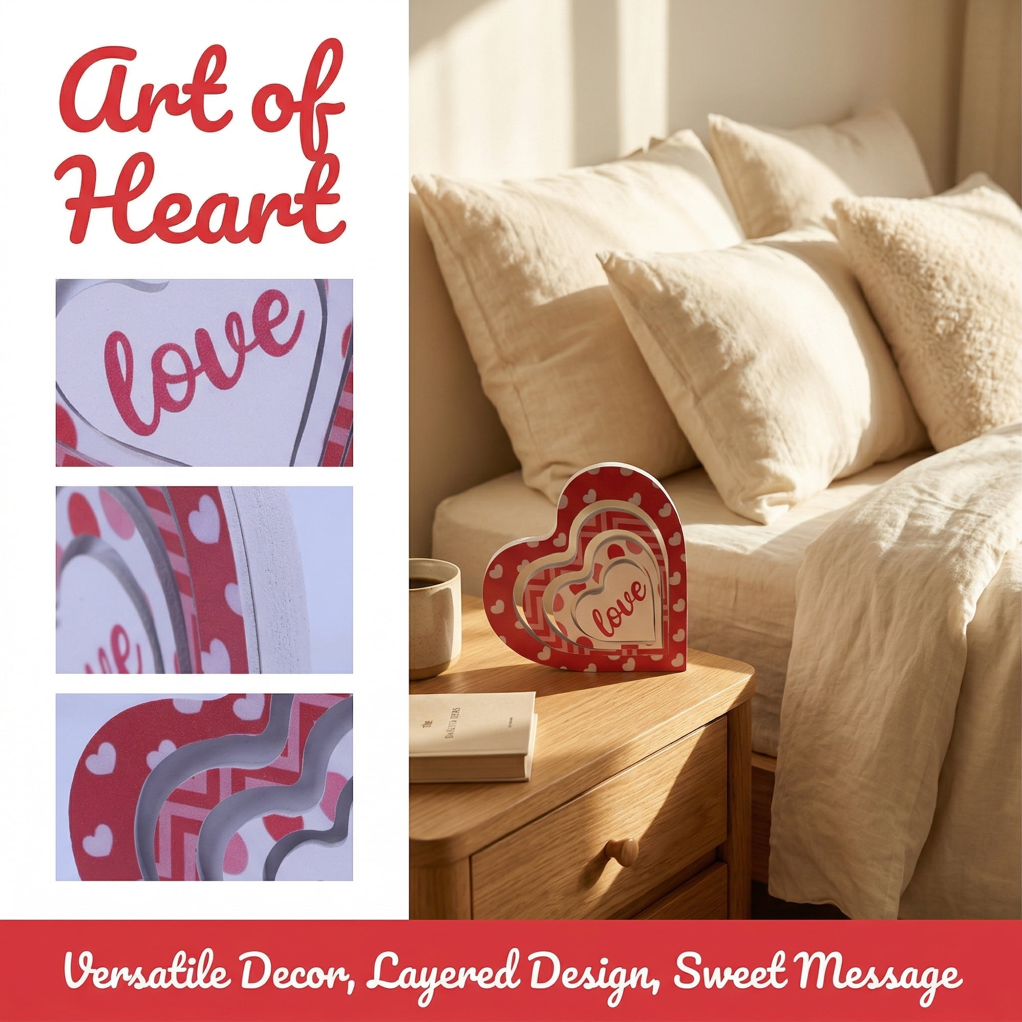 Unique Bargains Wooden Heart Table Decor Removable Stackable Heart Sign Style D 5.1in