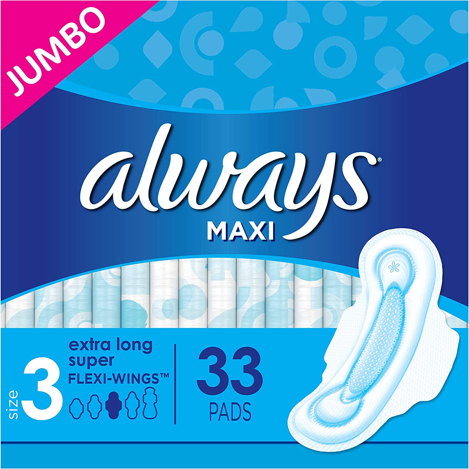 Maxi Size 3 Feminine Pads with Wings, Extra Long Super Absorbency, Unscented, 33 Count