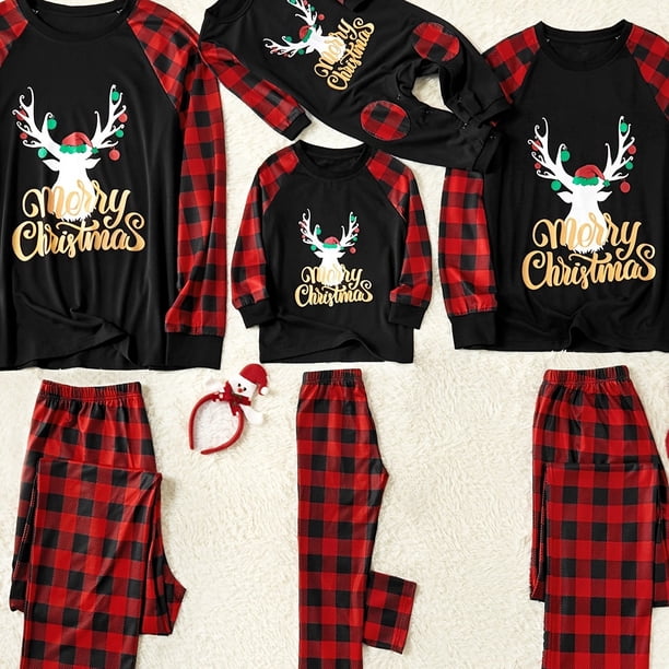 Conjuntos De Pijamas A Juego Con Empalme A Cuadros Con Estampado De Astas Y Letras De Feliz Navidad Para La Familia (resistente Al Fuego), Ropa De Descanso Para Hombres Y Mujeres Para Bebés Y Niños